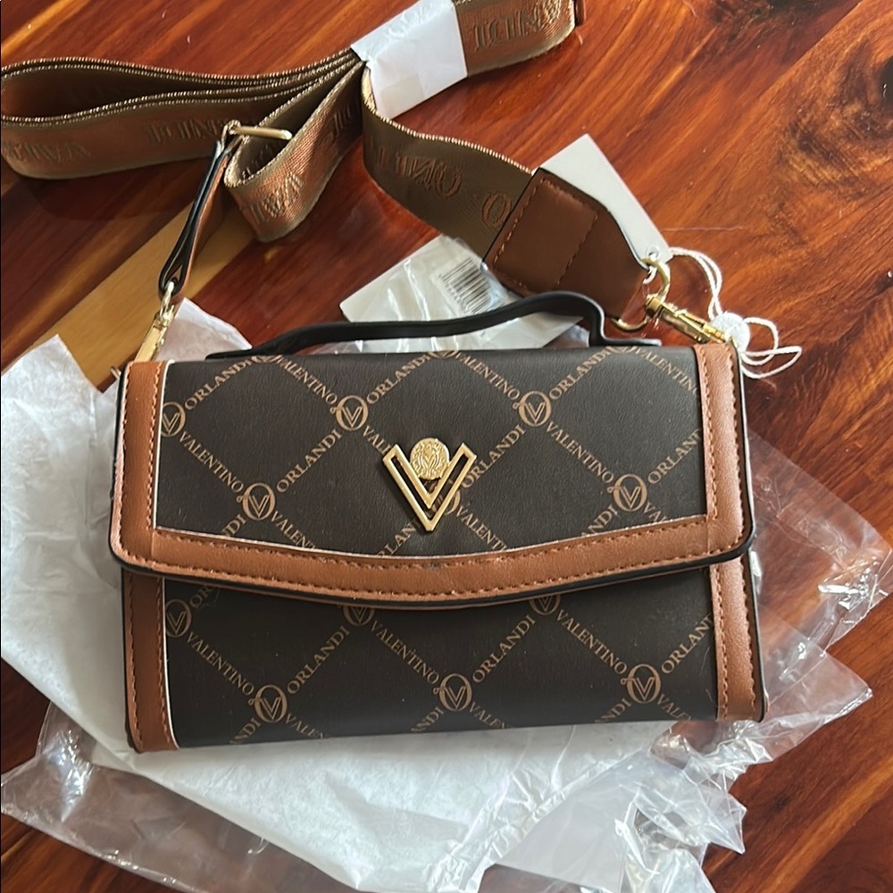 Valentino Orlandi Brown and Tan Crossbody Bag with Monogram